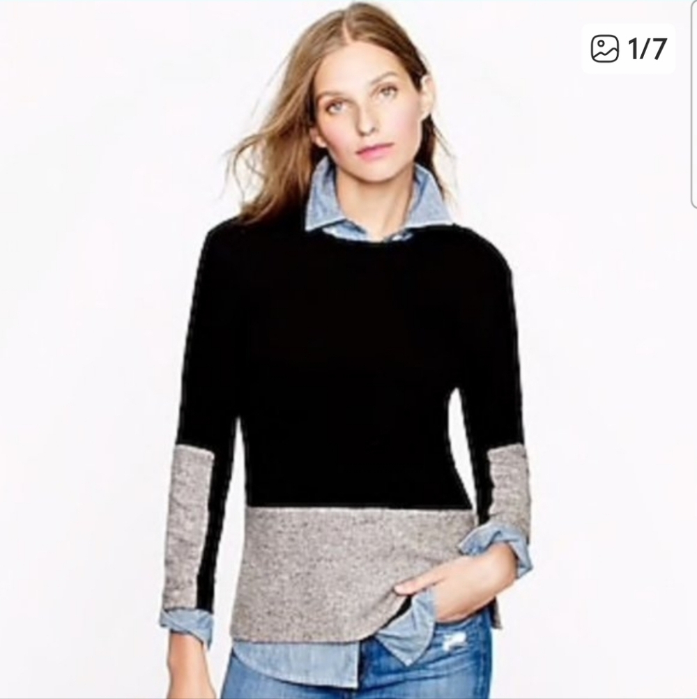 J. Crew Black and Gray Woven Panel Sweater with Cashmere